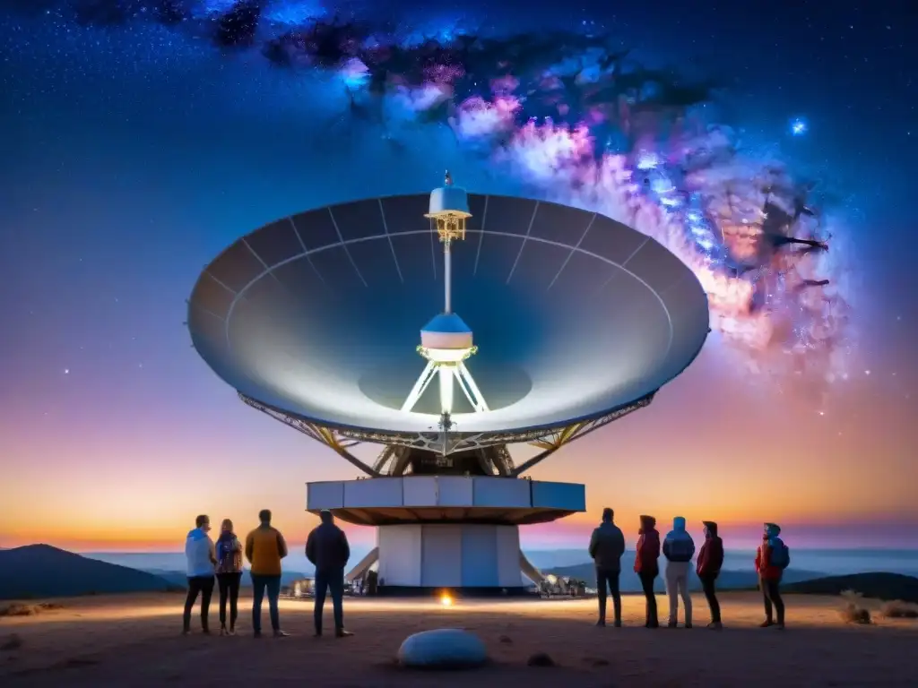 Grupo diverso de científicos y astrónomos amateur colaborando en la búsqueda de señales de vida extraterrestre con un telescopio radio