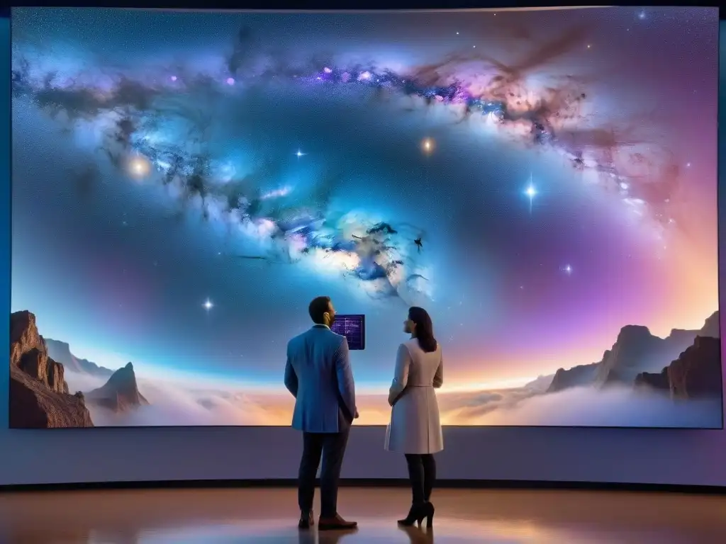 Un grupo diverso de científicos discute frente a un holograma estelar, en búsqueda de vida en sistemas estelares