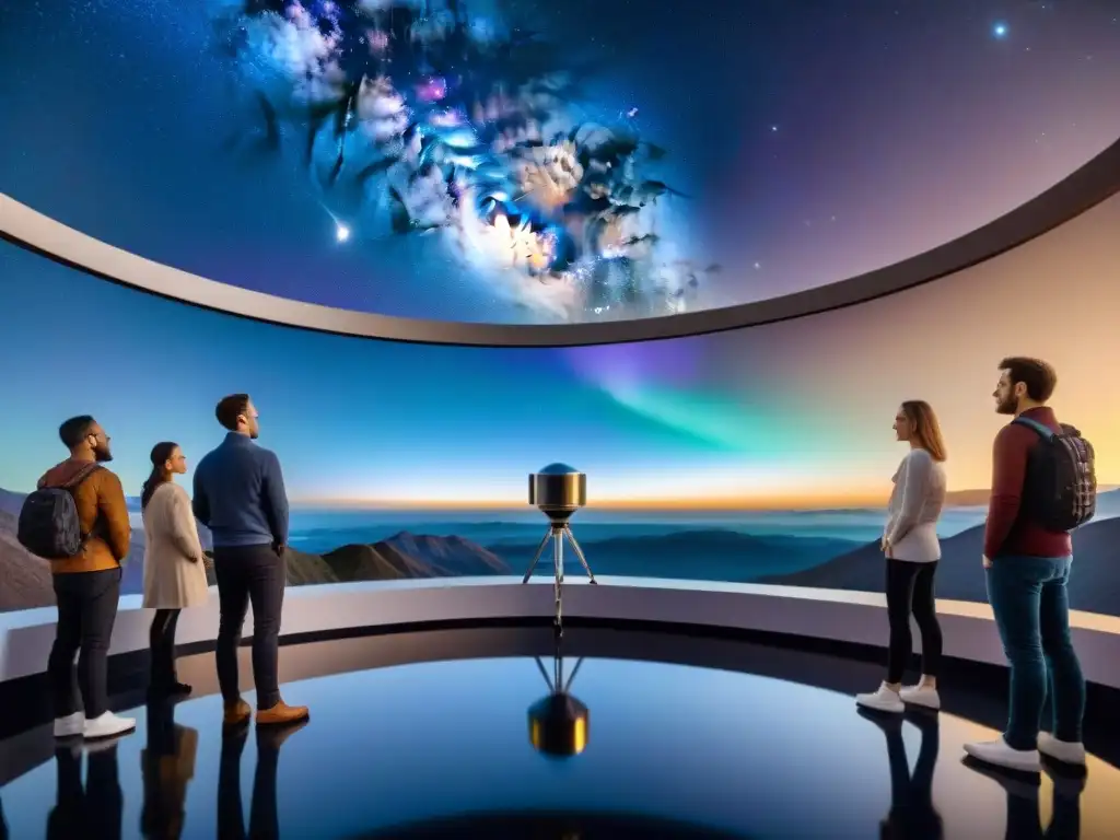 Equipo científico en observatorio estelar Un grupo diverso de científicos se reúne en un observatorio remoto de alta altitud, rodeados de instrumentos futuristas y una noche estrellada