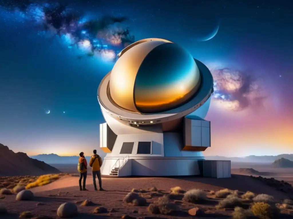 Un grupo diverso de científicos observa un telescopio gigante apuntando a una galaxia lejana bajo un cielo estrellado, transmitiendo la emoción y colaboración en la exploración de exoplanetas en universo