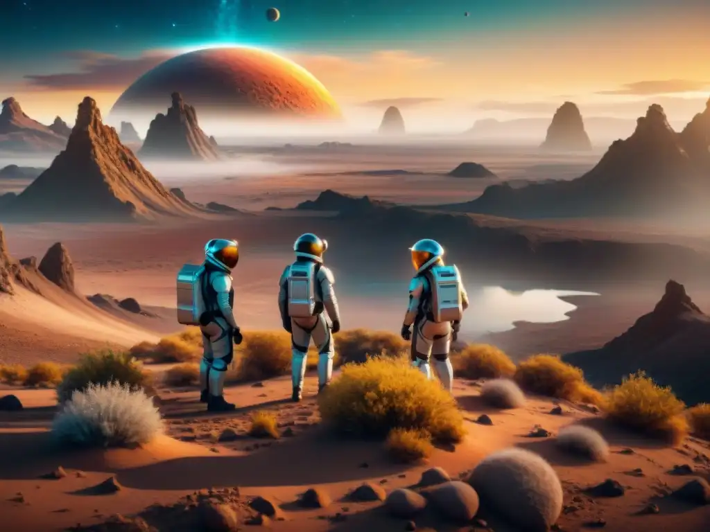 Exploración científica en planeta alienígena: detallada ilustración digital Grupo diverso de científicos en trajes espaciales, explorando vida en un planeta alienígena bajo un cielo galáctico