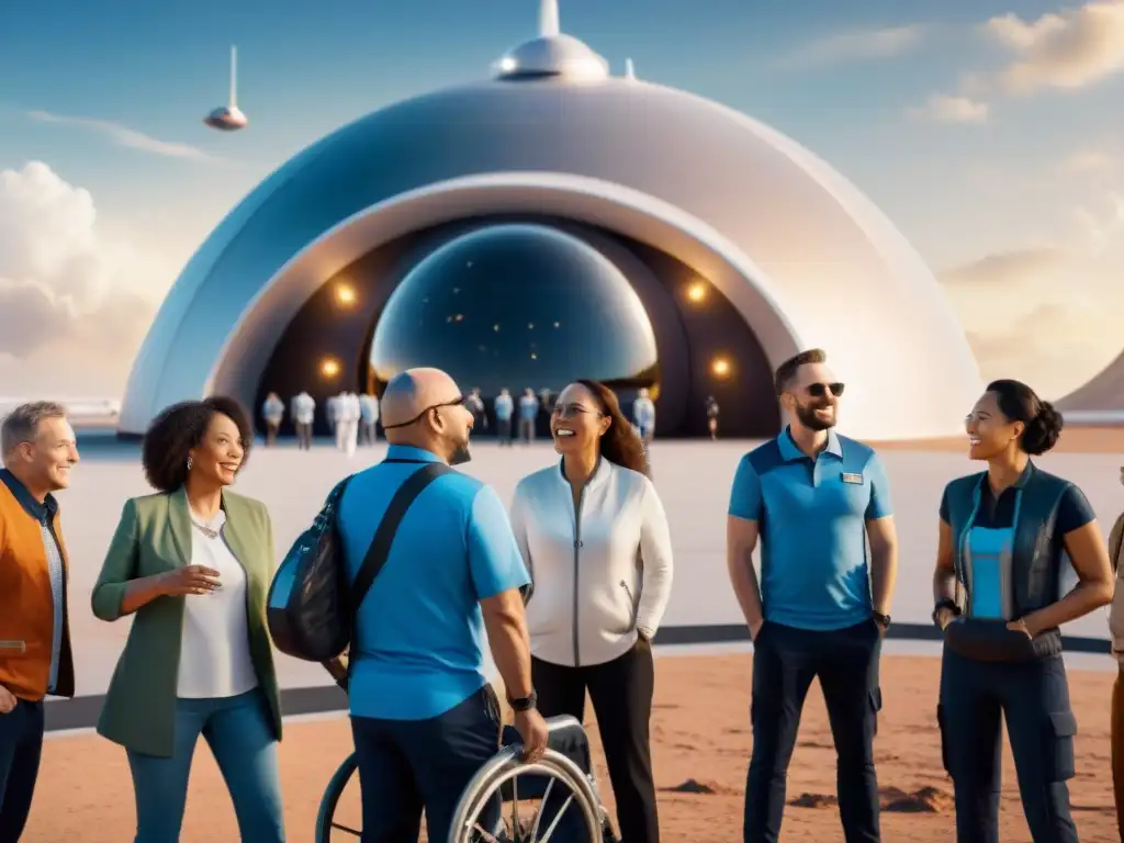 Un grupo diverso en un espacioport futurista, listo para turismo espacial accesible para todos