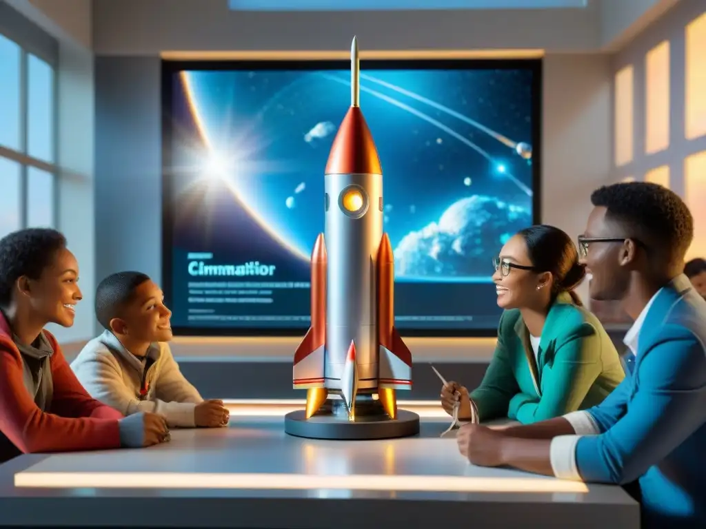 Un grupo diverso de estudiantes entusiastas ensambla satélites en un aula futurista con simuladores espaciales para explorar el universo