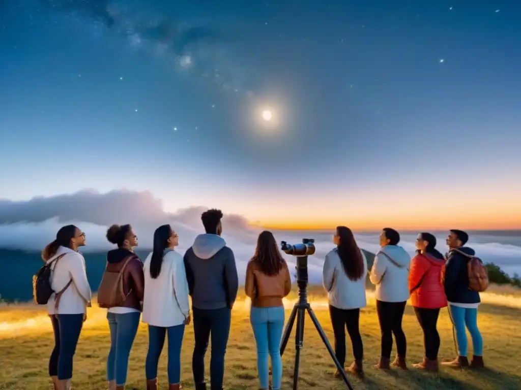 Grupo diverso de estudiantes observando las estrellas con un telescopio, en una noche estrellada