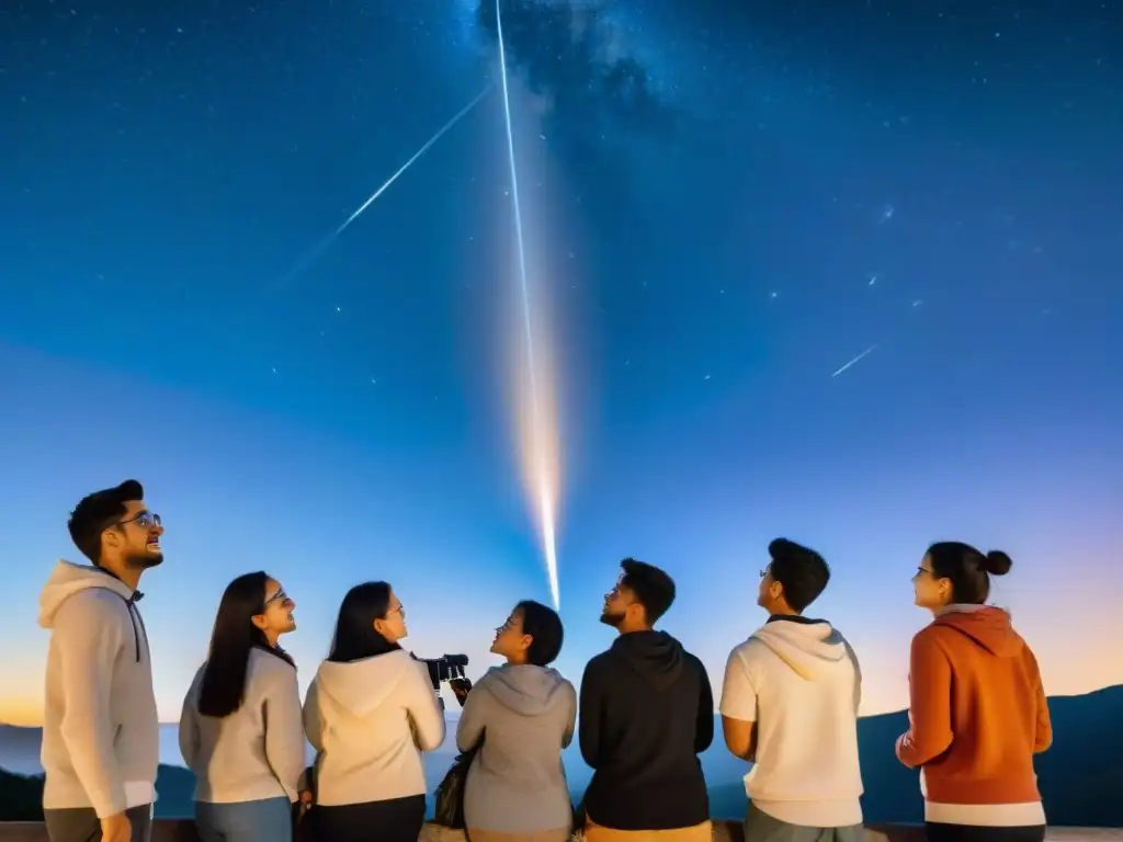 Grupo diverso de estudiantes observando una lluvia de meteoros con un telescopio en la noche estrellada, inspirando la Certificación en Astronomía a distancia