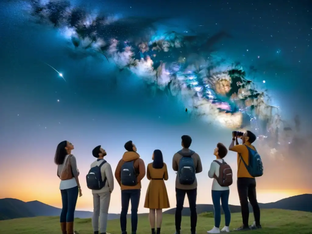 Un grupo diverso de estudiantes maravillados bajo un cielo estrellado, apuntando constelaciones y usando telescopios