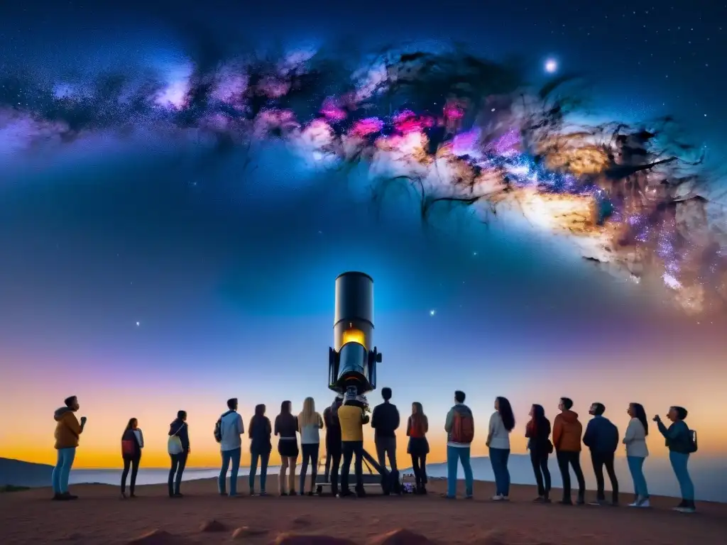 Grupo diverso de estudiantes observando una nebulosa con un telescopio de alta tecnología bajo un cielo estrellado, maravillados