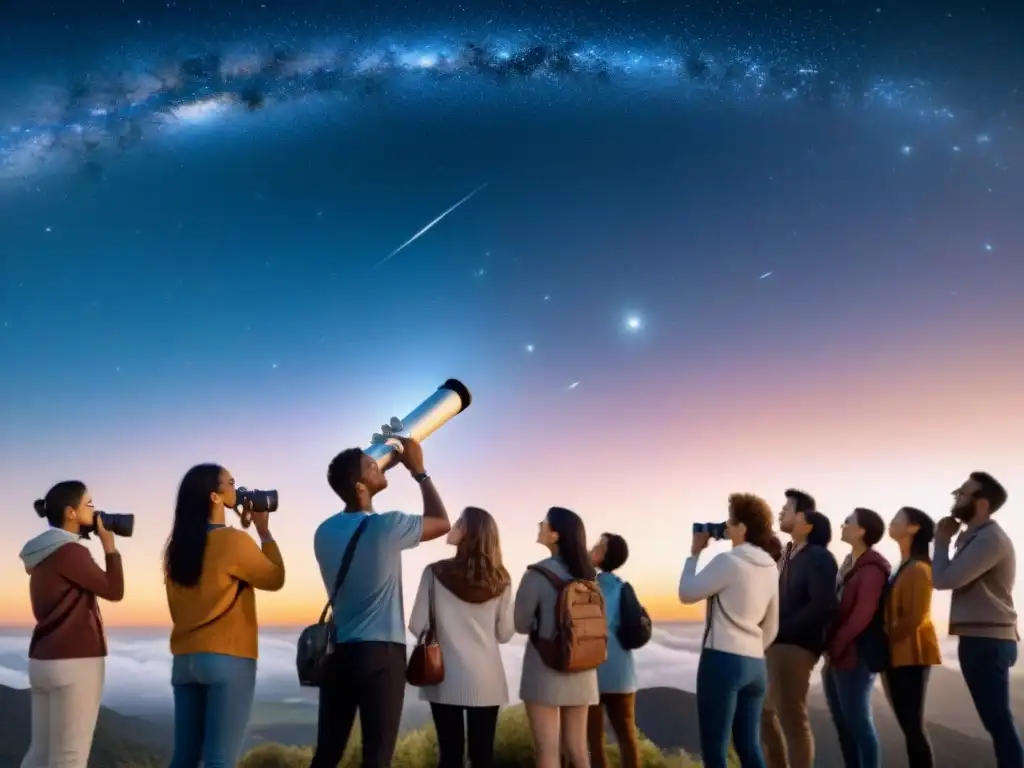 Un grupo diverso de estudiantes, desde niños hasta ancianos, observando estrellas con un telescopio