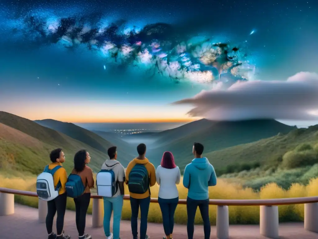 Un grupo diverso de estudiantes admirando un telescopio gigante bajo un cielo estrellado