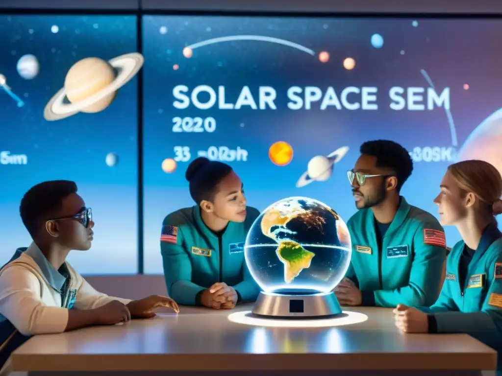 Grupo diverso de estudiantes en trajes espaciales, explorando el sistema solar, resaltando la importancia educación espacial generación exploradores