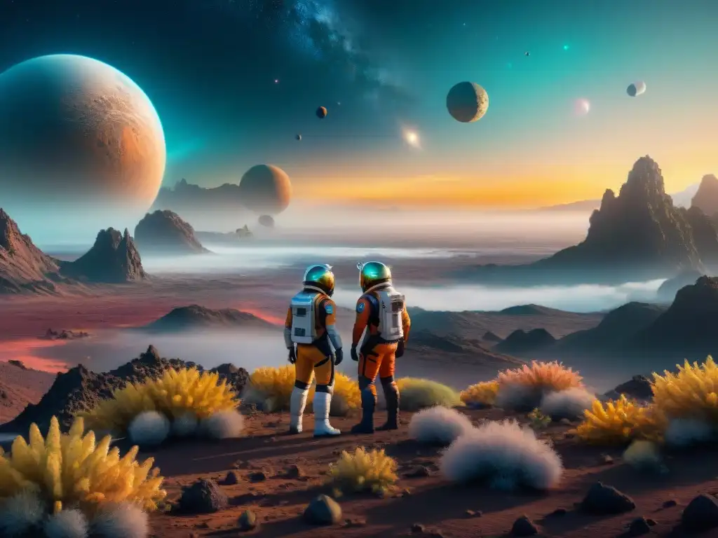 Un grupo diverso de exploradores espaciales futuristas en un exoplaneta habitable, rodeados de flora y fauna alienígena