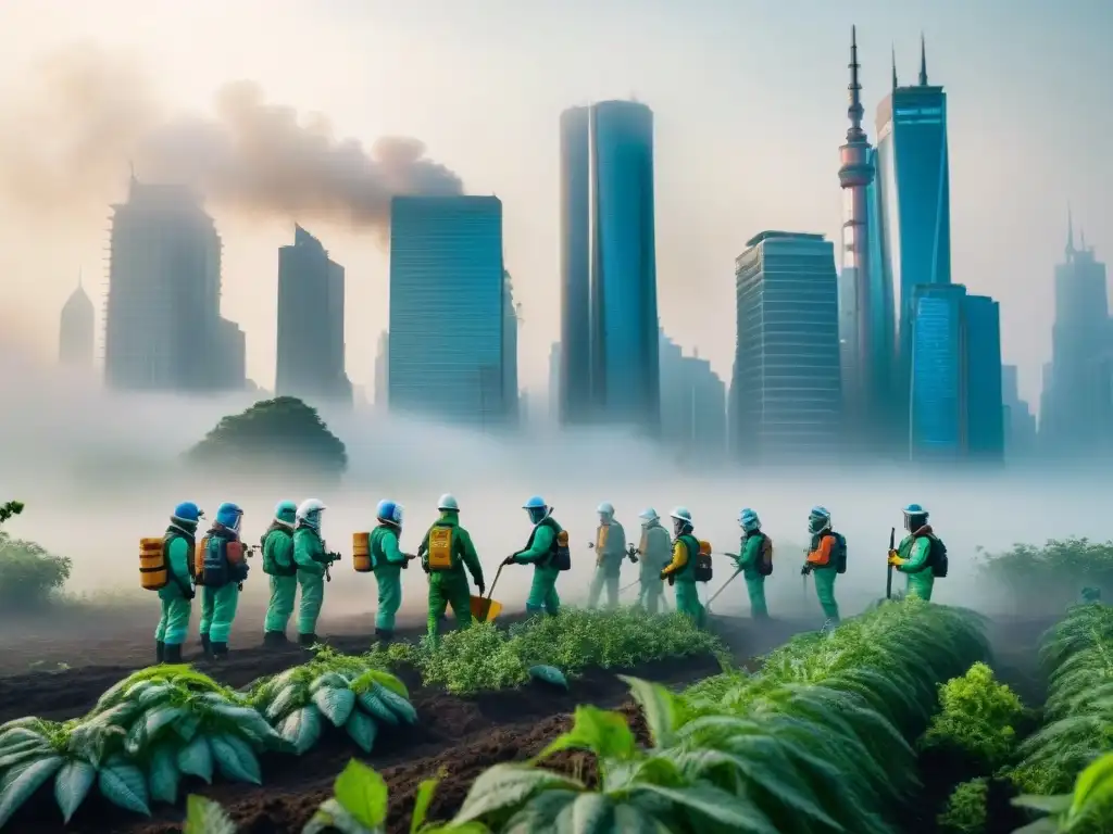 Un grupo diverso de individuos en trajes protectores plantan árboles y limpian un paisaje contaminado en una ciudad futurista, simbolizando esperanza en medio de la destrucción ecológica