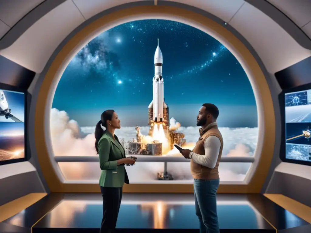Ingenieros y científicos en centro espacial futurista Grupo diverso de ingenieros y científicos en centro de lanzamiento espacial innovador