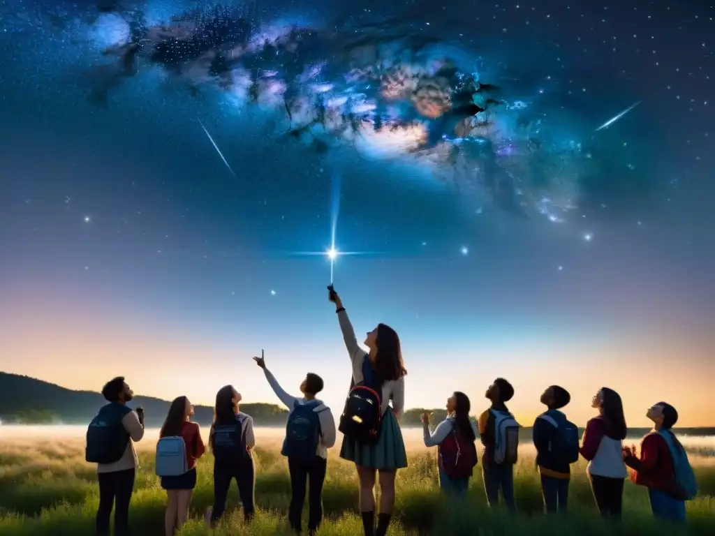 Grupo diverso de jóvenes estudiantes mirando las estrellas en el campo, con maestra inspiradora como Christa McAuliffe