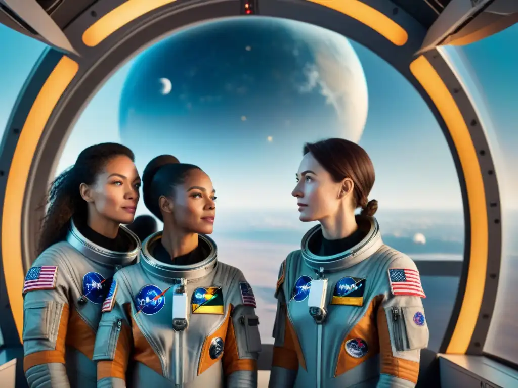 Un grupo diverso de mujeres astronautas pioneras en sus trajes espaciales, frente a una nave espacial futurista con la Tierra de fondo