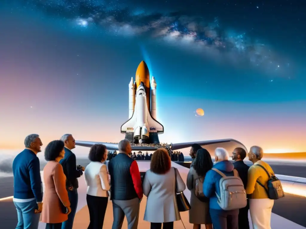 Un grupo diverso sonríe al abordar una nave espacial futurista, en un escenario de turismo espacial accesible para todos