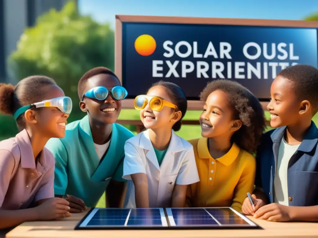 Grupo diverso de niños realizando experimentos solares seguros al aire libre, aprendiendo sobre el sistema solar con entusiasmo