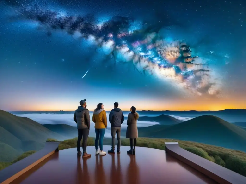 Un grupo diverso de observadores maravillados contempla el cielo estrellado a través de un telescopio en un observatorio remoto