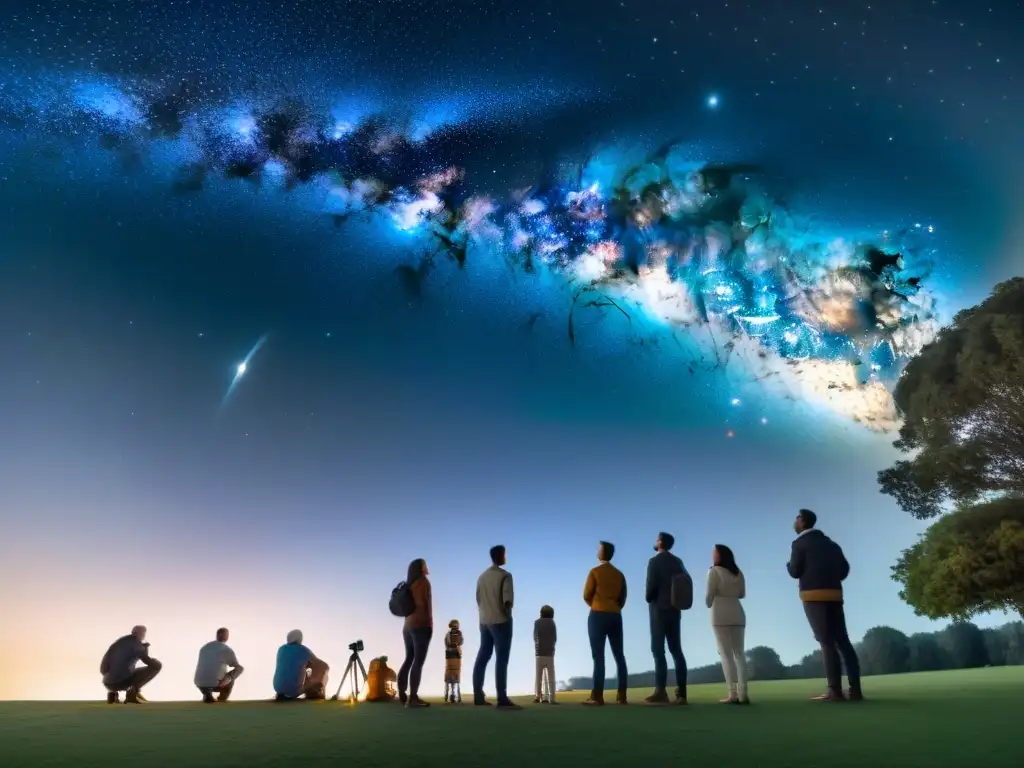 Un grupo diverso se reúne en un parque mirando al cielo estrellado con un telescopio