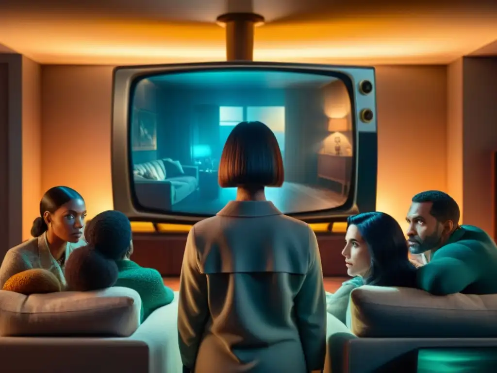 Un grupo diverso de personas se encuentran cautivadas por escenas misteriosas de 'The Twilight Zone' en una habitación sombría, reflejando la exploración de la sociedad en la serie