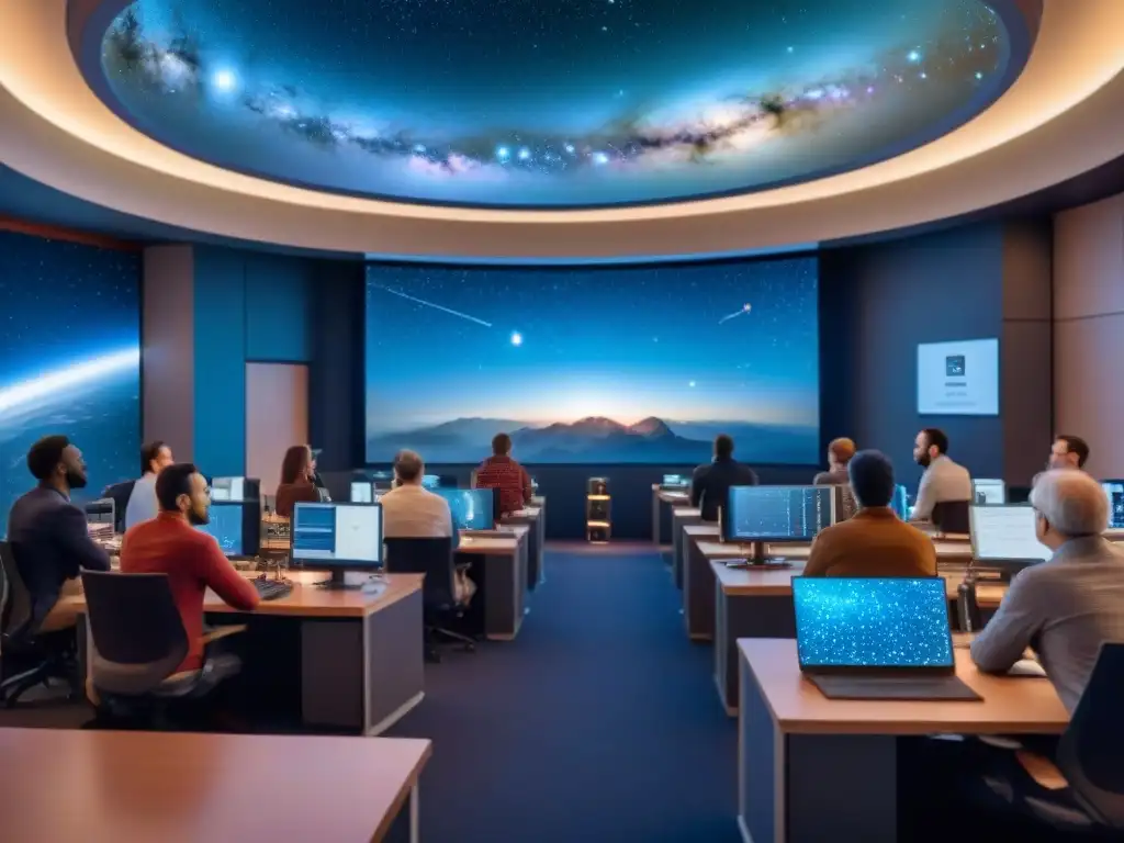 Un grupo diverso de personas concentradas en una clase de certificaciones en astrofísica para carrera, rodeados de equipos avanzados y mapas cósmicos