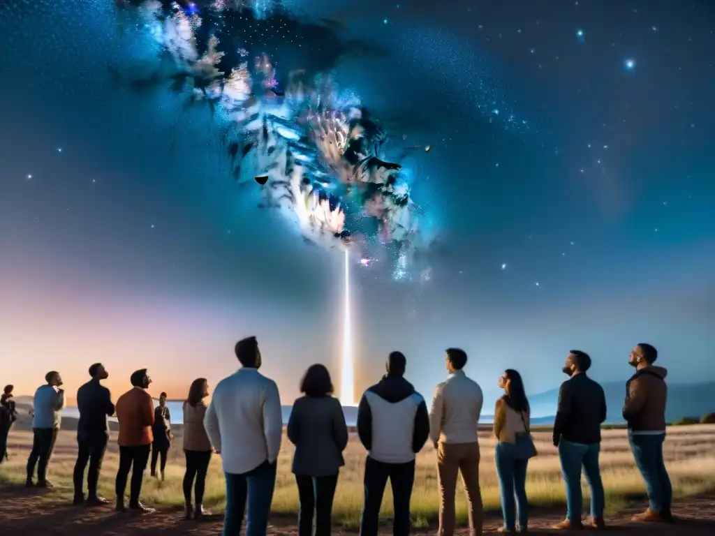 Un grupo diverso de personas mirando maravilladas el cielo estrellado con cohetes despegando al universo