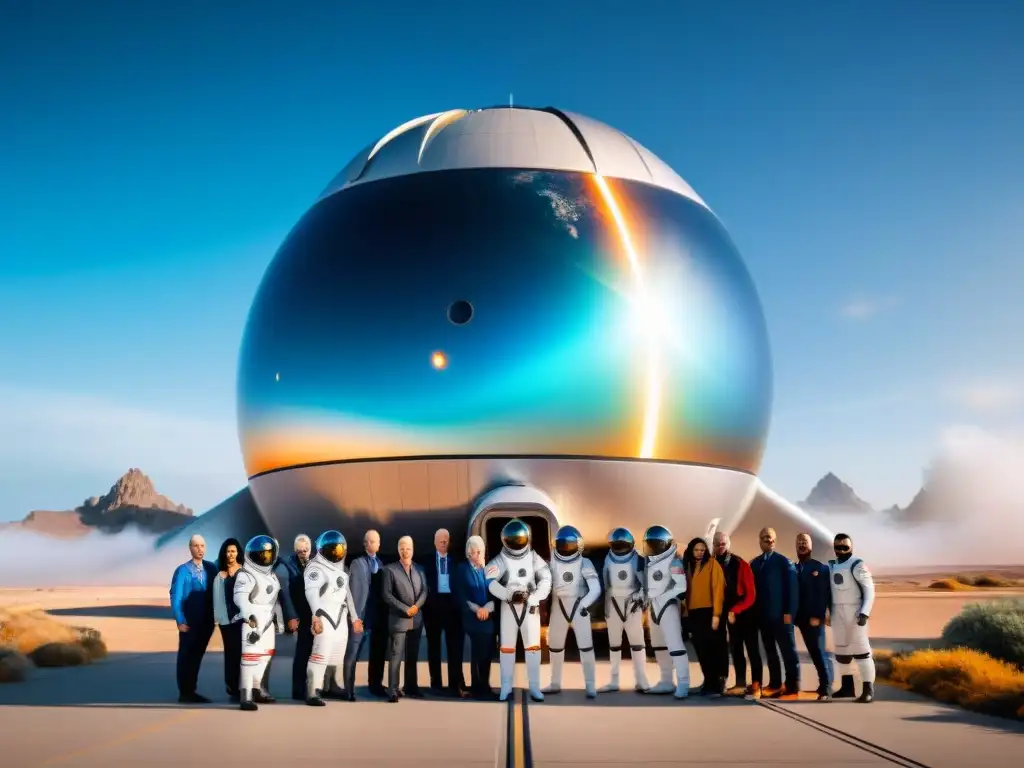 Un grupo diverso de personas admira una nave espacial en un puerto intergaláctico, mostrando el turismo espacial accesible para todos