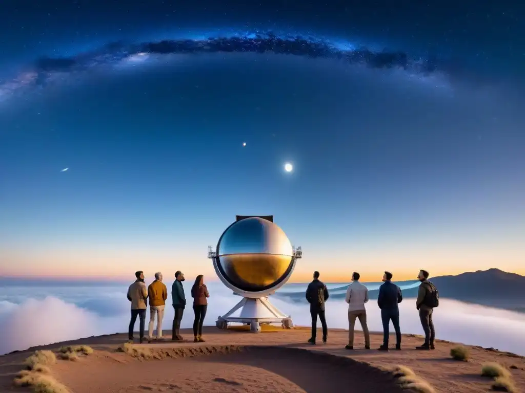 Un grupo diverso de personas mirando un telescopio bajo la luz de la luna y las estrellas