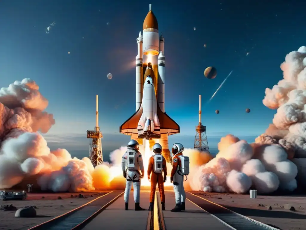 Un grupo diverso de principiantes en exploración espacial admirando un cohete gigante antes del lanzamiento