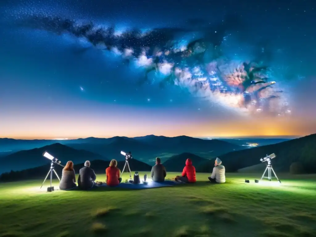 Grupo diverso preparando telescopios bajo cielo estrellado