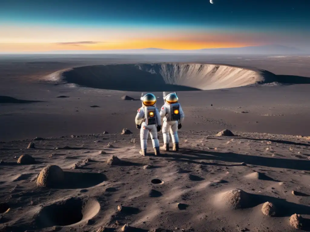 Grupo diverso de turistas en trajes espaciales admiran la Luna, con la Tierra de fondo