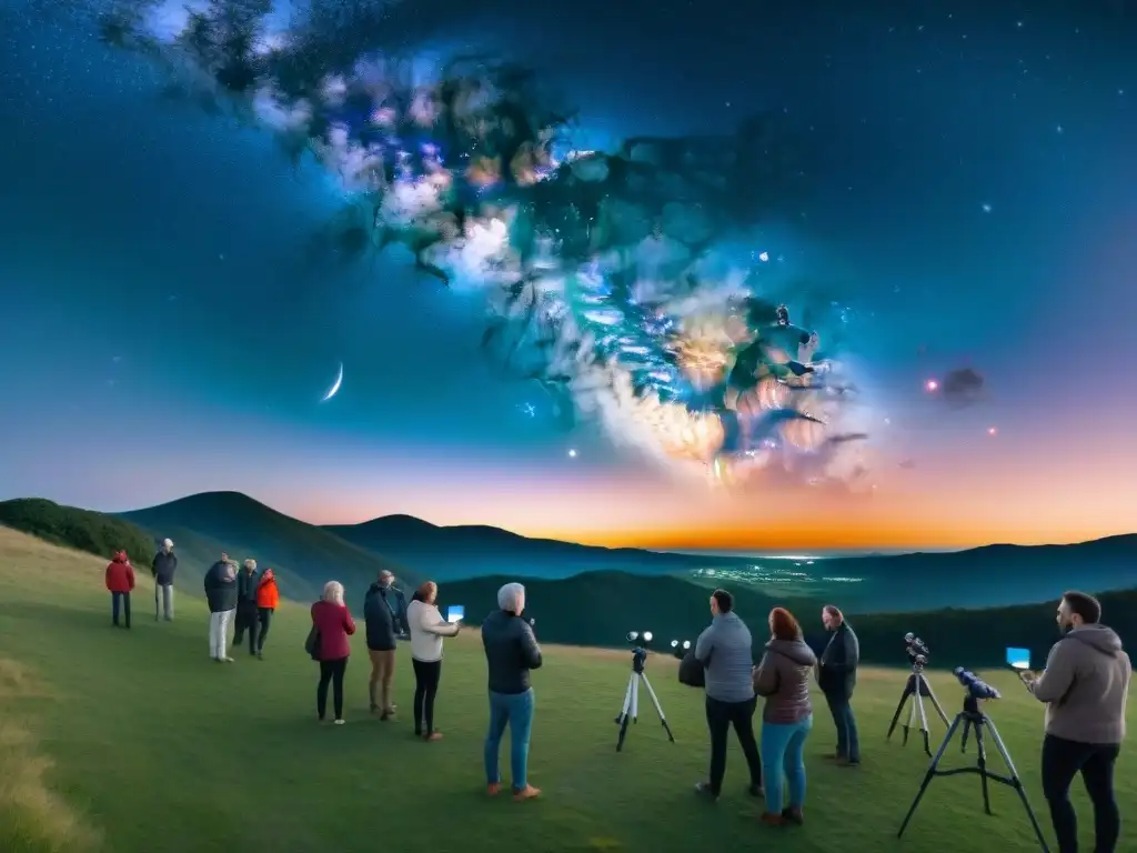 Astrónomos aficionados maravillados bajo el cielo estrellado Un grupo de entusiastas astrónomos aficionados preparando sus telescopios bajo un cielo estrellado, rodeados de dispositivos móviles con aplicaciones de observación astronómica