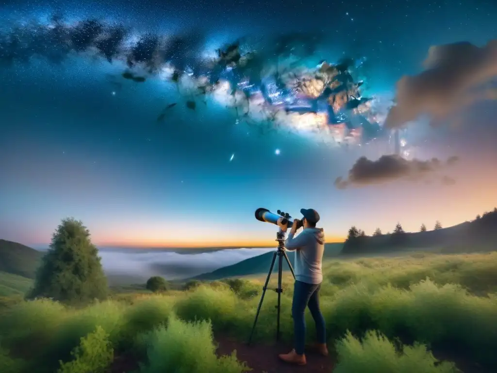 Emoción estelar: astrónomos aficionados exploran el cosmos con tecnología Un grupo de entusiastas astrónomos aficionados explorando el cosmos con aplicaciones móviles bajo un cielo estrellado en una ubicación remota