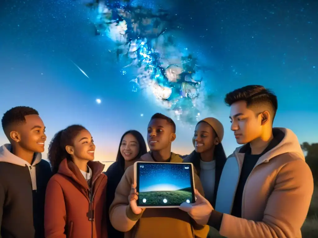 Un grupo de estudiantes diversos observando con asombro una alineación planetaria en una tablet bajo el cielo estrellado