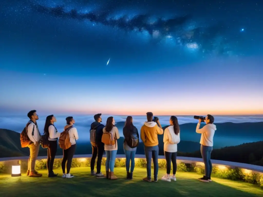 Grupo de estudiantes de astronomía maravillados por el universo en la noche