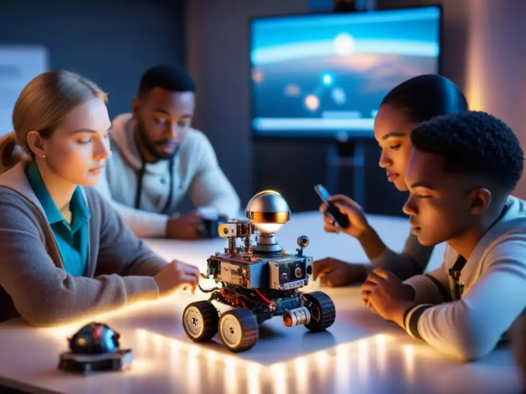 Un grupo de estudiantes diversos colaborando en la construcción y programación de robots para explorar Marte en un aula inspiradora