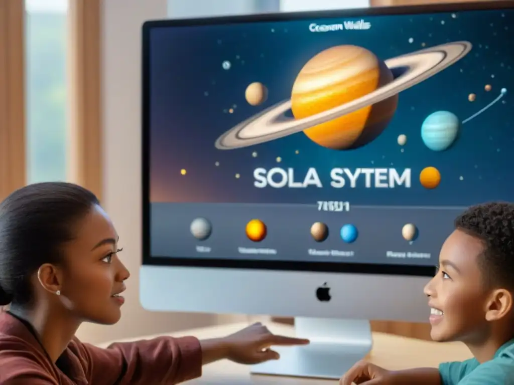 Explorando el sistema solar: niños asombrados en aula moderna Grupo de estudiantes diversos emocionados interactúan con un software astronómico educativo en un aula luminosa