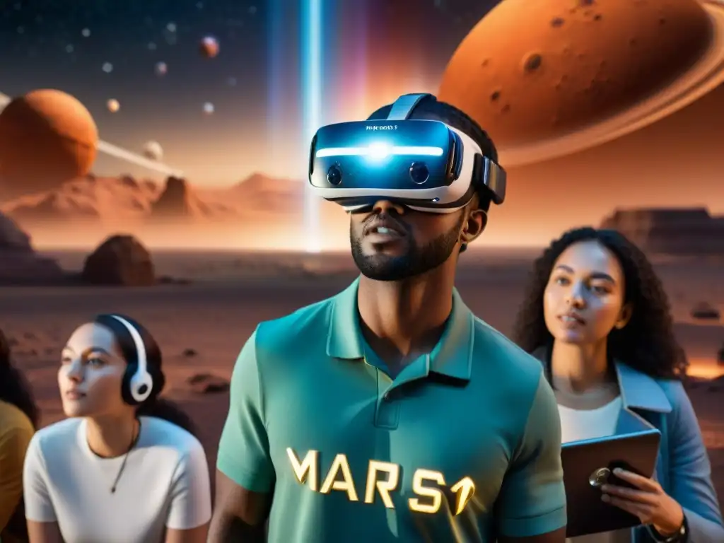 Un grupo de estudiantes entusiastas con auriculares de realidad virtual explorando Marte, guiados por un astrofísico digital