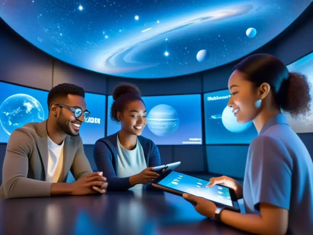 Estudiantes exploran el cosmos en aula futurista Grupo de estudiantes usando software astronómico educación espacial en aula futurista