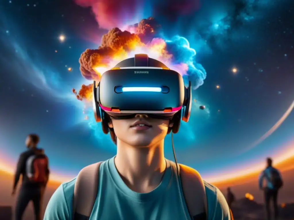 Grupo de estudiantes explorando supernova en simulación de realidad virtual: intersección astrofísica tecnología educación moderna