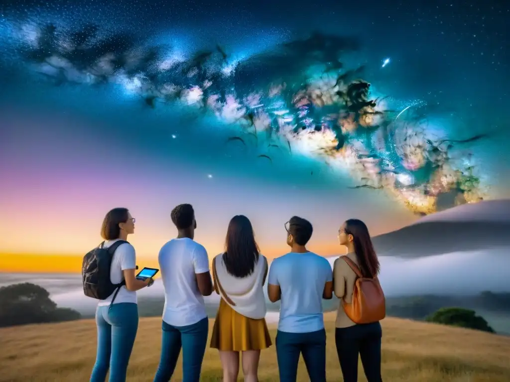 Un grupo de estudiantes diversos usa tablets y smartphones con apps astronómicas, junto a un telescopio bajo un cielo estrellado