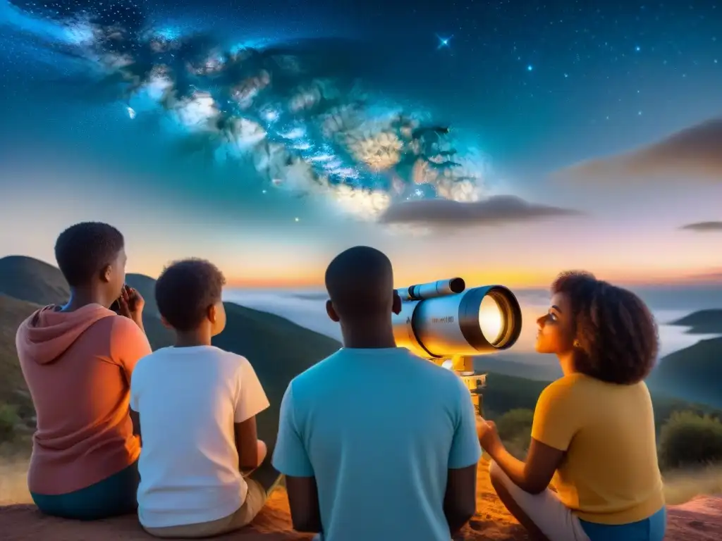 Un grupo de niños exploradores del espacio, maravillados con libros de astronomía bajo un cielo estrellado