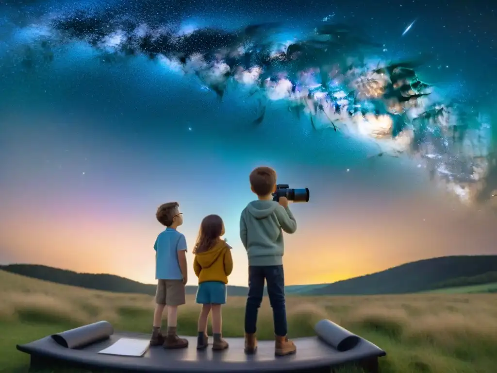 Grupo de niños exploradores observando estrellas con un telescopio en la noche