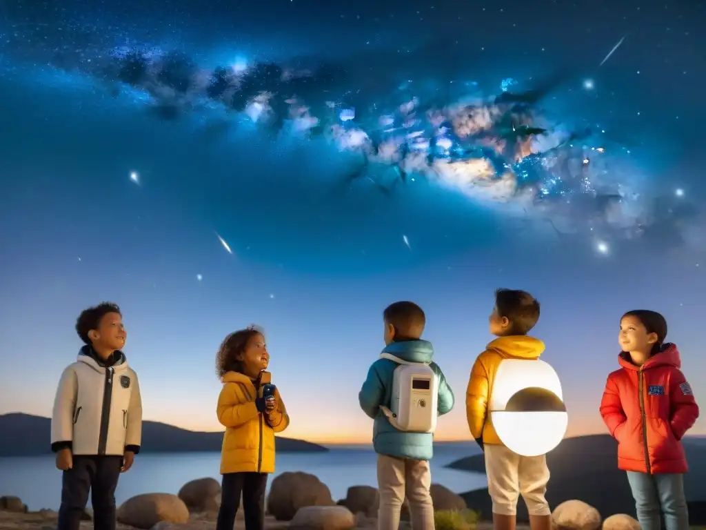 Un grupo de niños exploradores maravillados bajo un cielo estrellado, rodeados de elementos astronómicos