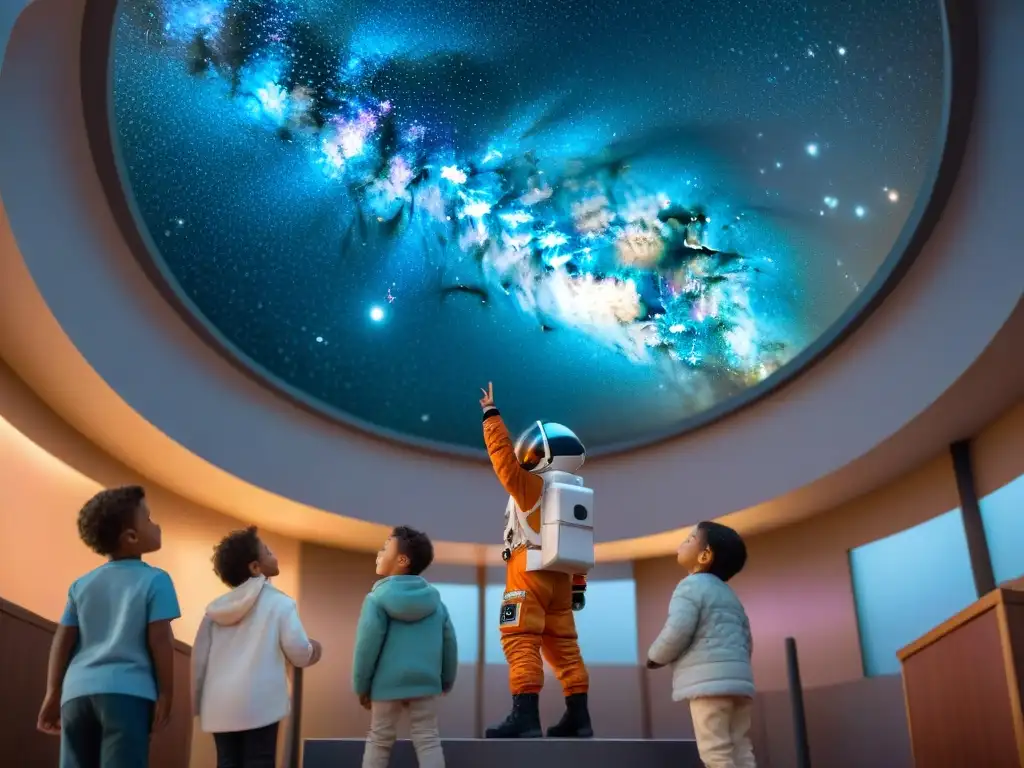 Un grupo de niños exploradores en un planetario, maravillados por las estrellas