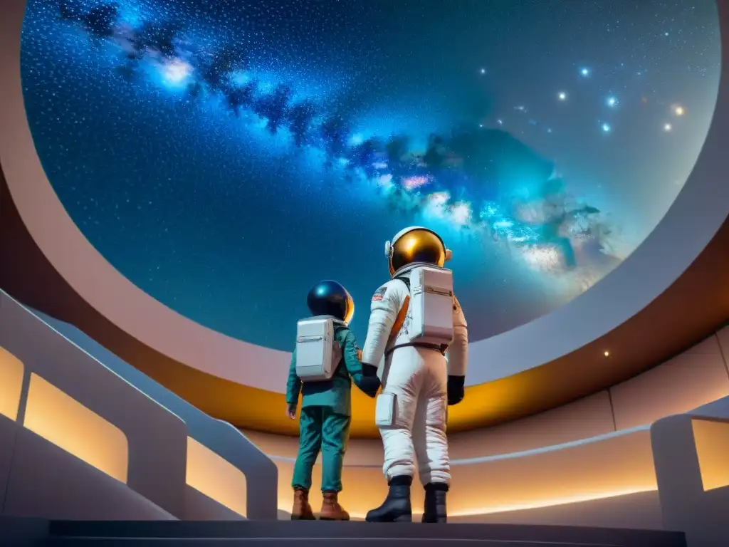 Un grupo de niños exploradores en trajes de astronauta, maravillados en un planetario futurista