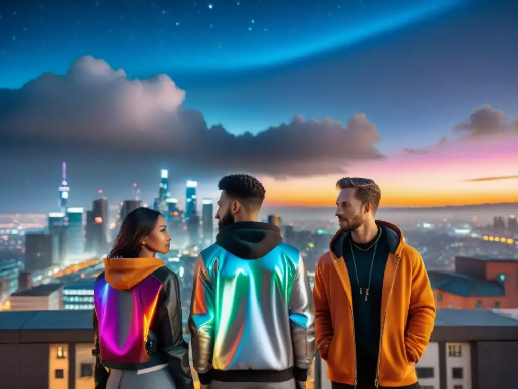 Exploradores urbanos en paisaje cósmico Un grupo de exploradores urbanos cósmicos con estilo vanguardista en una ciudad bulliciosa bajo un cielo estrellado