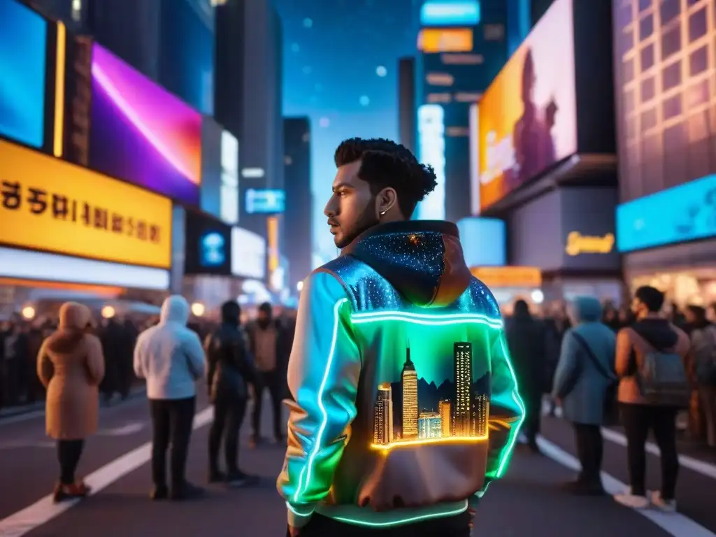 Exploradores urbanos en la ciudad cósmica del futuro Un grupo de exploradores urbanos cósmicos en la vibrante ciudad nocturna, rodeados de rascacielos futuristas y luces de neón