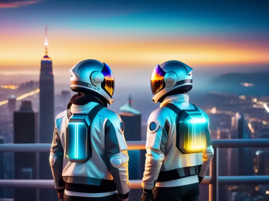 Exploradores urbanos en ciudad futurista Un grupo de exploradores urbanos cósmicos con ropa futurista y gadgets hi-tech en una ciudad avanzada