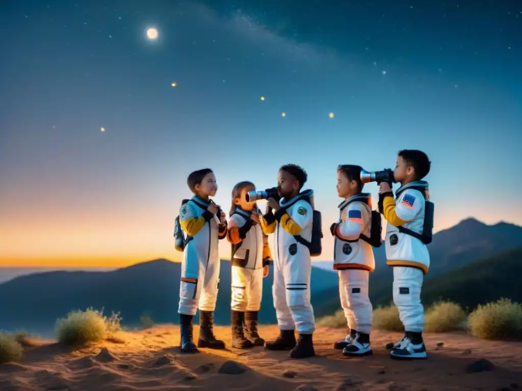 Un grupo de niños exploradores vestidos de astronautas, maravillados observando el cielo estrellado a través de un telescopio